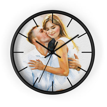 Custom Photo to Art Couple Portrait Wall Clock Watercolor Style Romantic Anniversary Gift