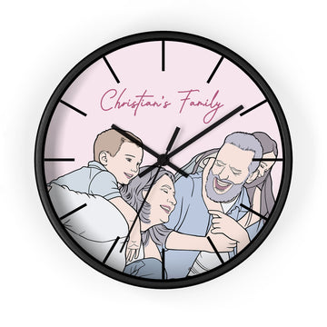 Customized Mom and Baby, Dad and Kids Customized Photo to Portrait Wall Clock Doodle Style Gift for Family