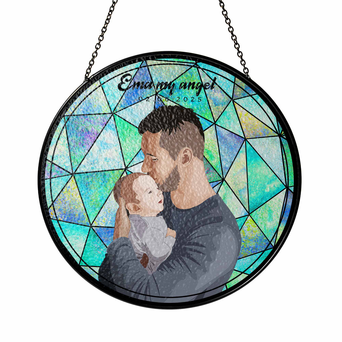 Personalized Turn Photo To Illustration Art, Dad Son Family Potrait Photo Father's Day Stained Glass Suncatcher, Window Hanging Gift for Dad-BeUnikArt