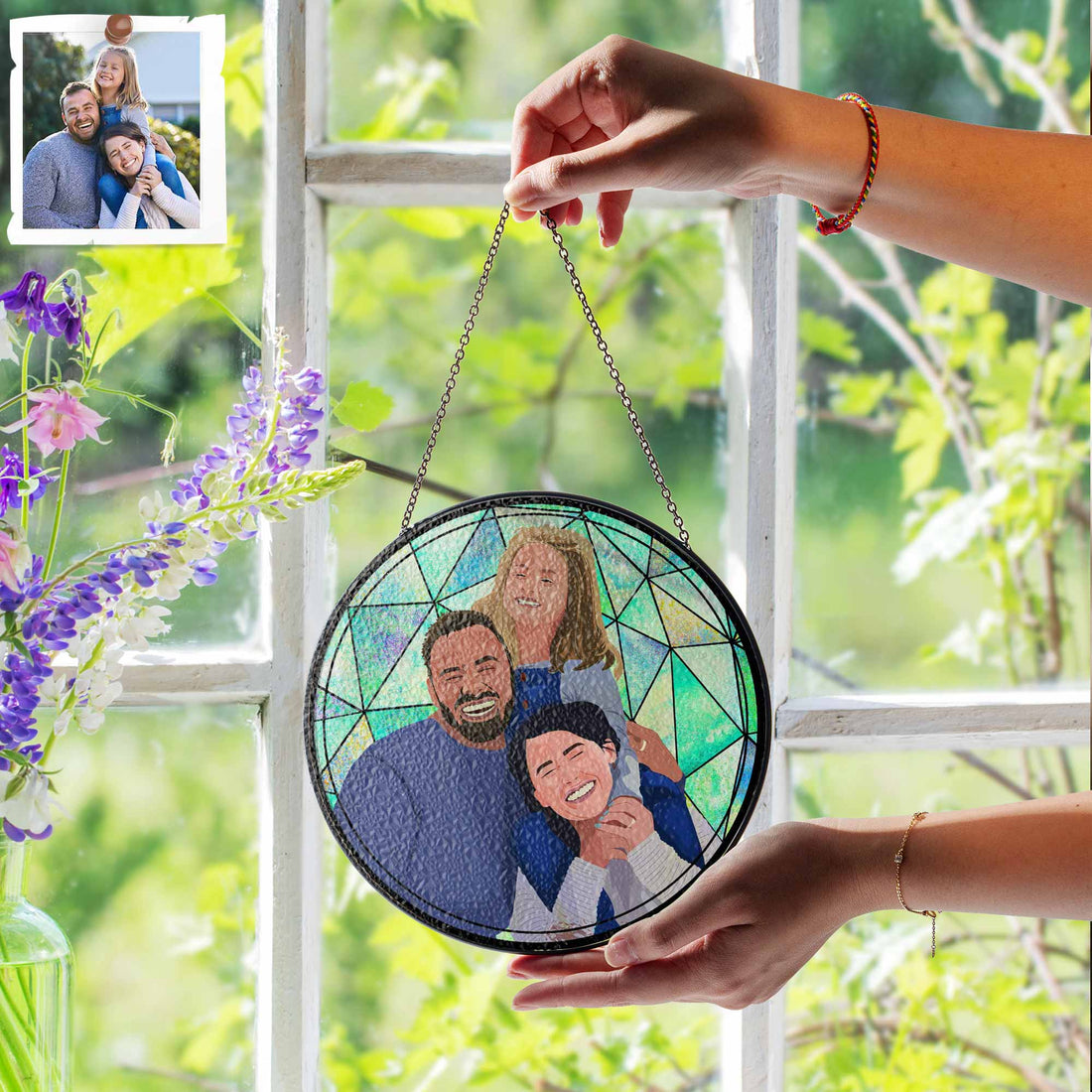 Customize Portrait Photo to Illustration Art, Family Mom Dad Son Daughter Stain Glass Suncatcher, Father's Day Mother's Day Gift-BeUnikArt
