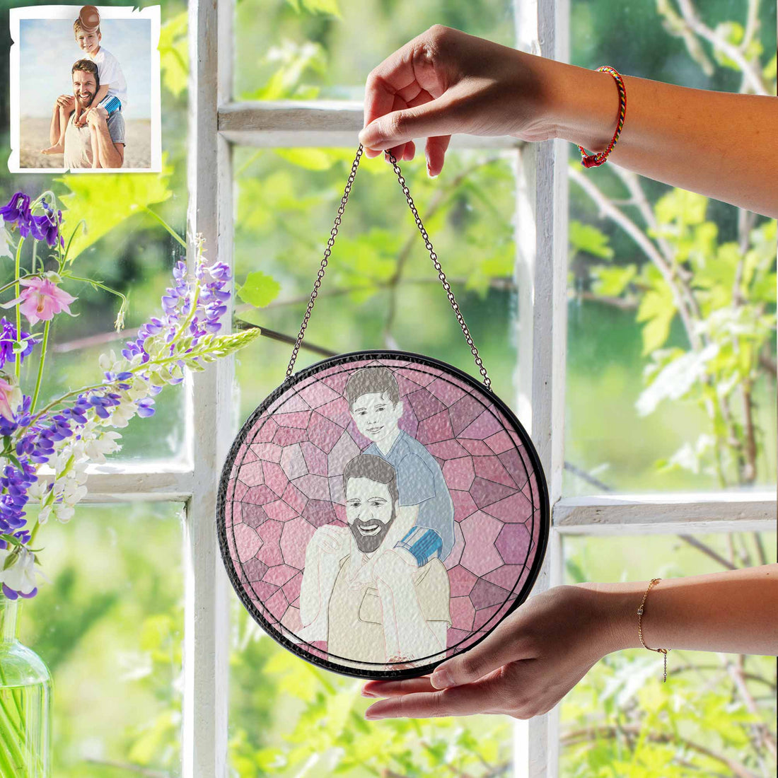 Customized Turn Art Mom and Child Portrait, Custom Glass Suncatcher Gift, Mother's Day Window Hanging-BeUnikArt