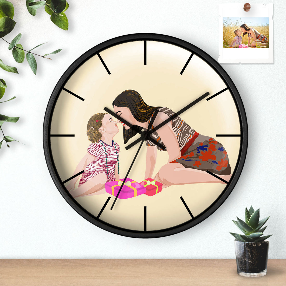 Personalized Illustration from Photo Family Portrait Wall Clock Digital Art Style Mom and Kid Memorial Gift