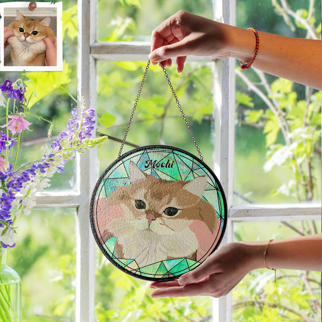 Personalize Pet and Owner Portrait Photo Illustration Art, Pet's Photo Glass Suncatcher, Window Hanging Suncatcher Gift for Pet's Owner-BeUnikArt