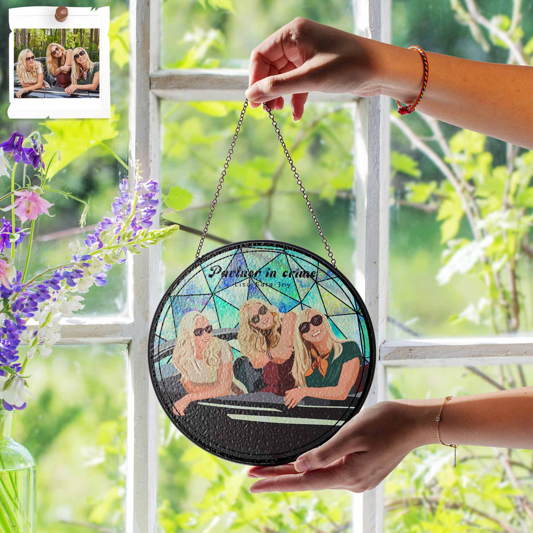 Customized Turn Art Friendship Photo, Custom Glass Suncatcher Gift, Unique BFF Keepsake, Hanging Window Decoration-BeUnikArt