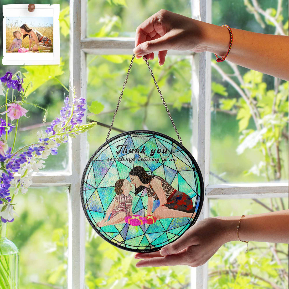 Custom Photo Portrait Illustration with Glass Suncatcher Window Hanging Decoration for Mother's Day Gift-BeUnikArt