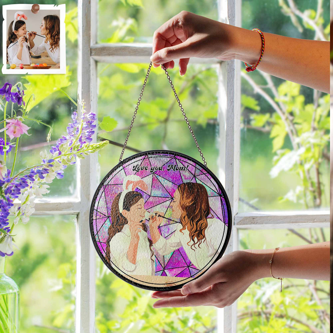 Custom Photo To Illustration Art, Mother Daughter Son Family Potrait Art Mother's Day Stained Glass Suncatcher, Window Hanging Gift for Mom-BeUnikArt