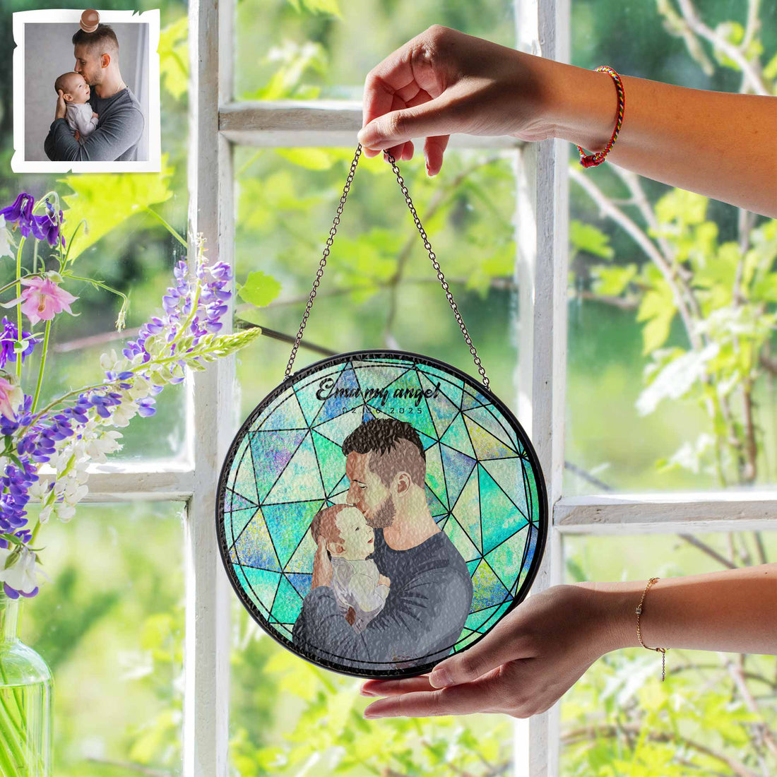 Personalized Turn Photo To Illustration Art, Dad Son Family Potrait Photo Father's Day Stained Glass Suncatcher, Window Hanging Gift for Dad-BeUnikArt