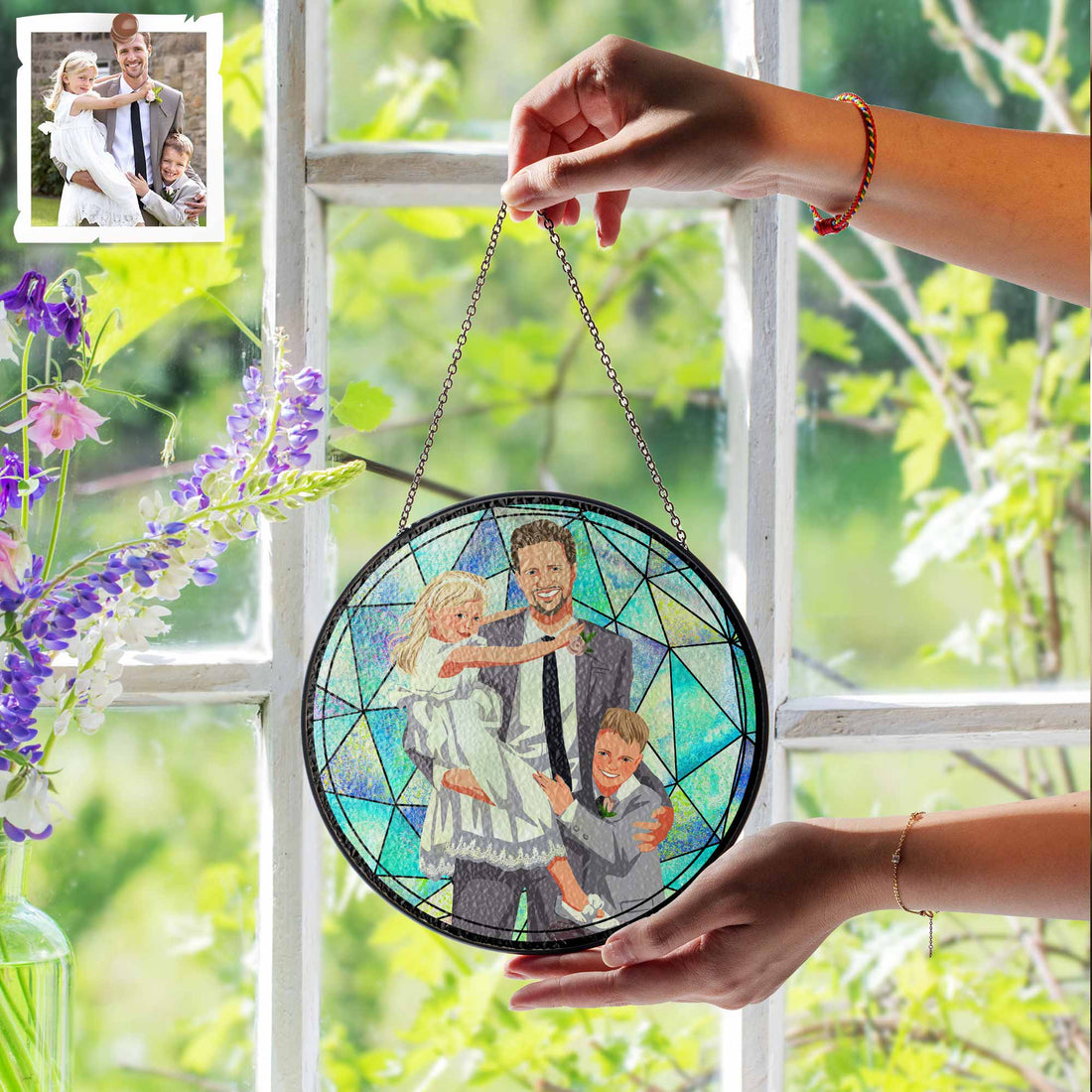 Customized Father and Baby Photo Potrait To Illustration Art, Family Photo Gift, Turn Art Glass Suncatcher Father's Day Gift-BeUnikArt