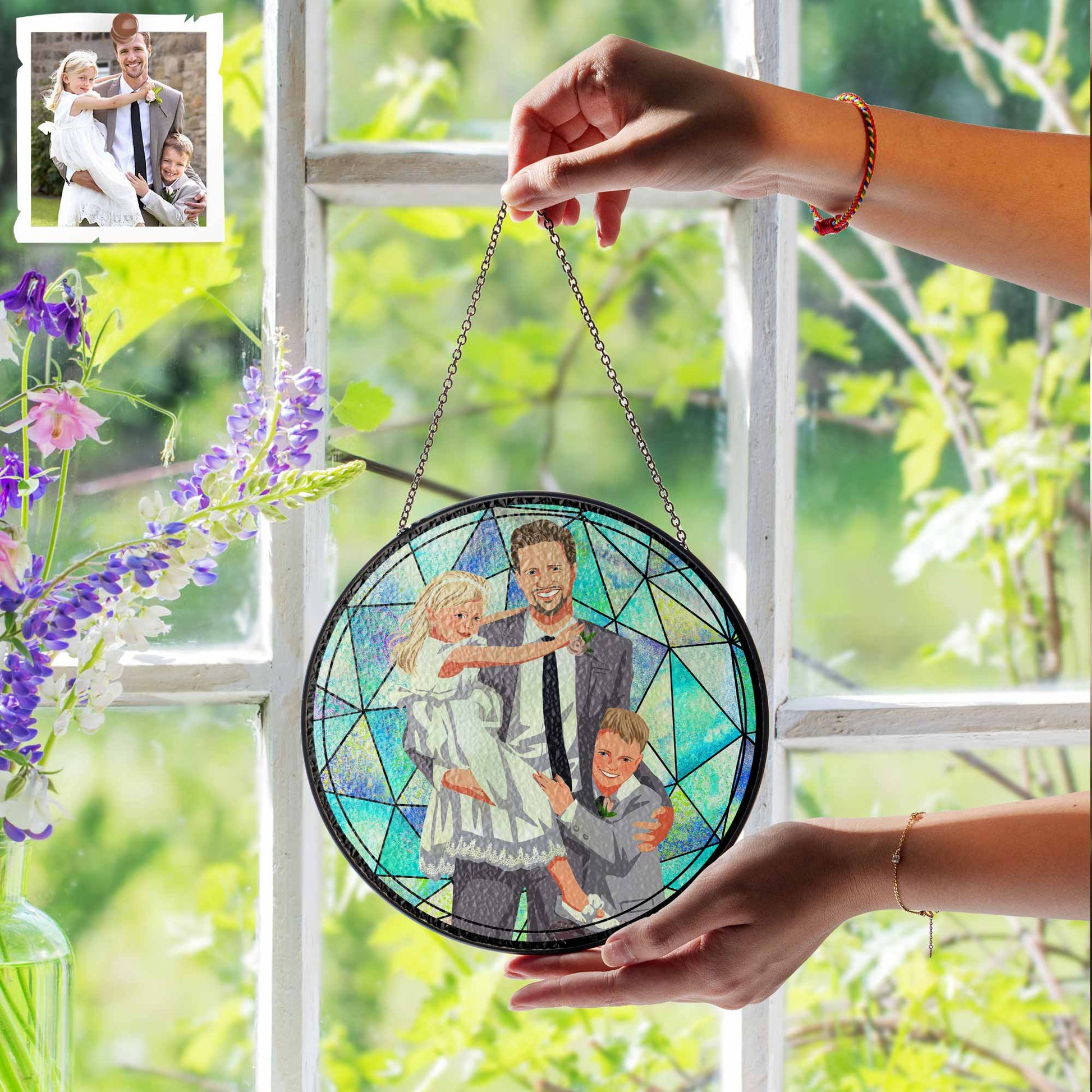 Customized Father and Baby Photo Potrait To Illustration Art, Family Photo Gift, Turn Art Glass Suncatcher Father's Day Gift-BeUnikArt