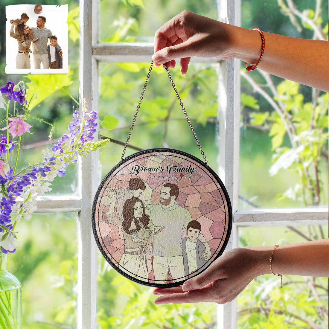 Personalized Family Photo Potrait, Turn Photo to Doodle Style Art, Glass Suncatcher Gift for Mom or Dad, Family Gift-BeUnikArt