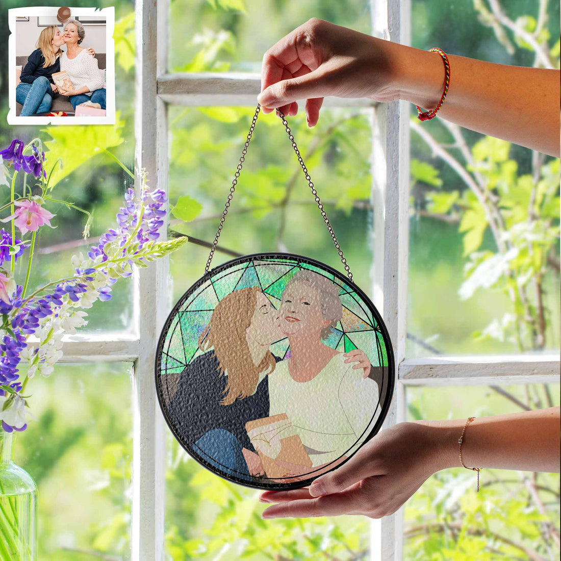 Custom Photo Potrait To Illustration Art, Mother's Day Perfect Gift, Turn Art Photo With Glass Suncatcher, Window Hanging Decoration-BeUnikArt