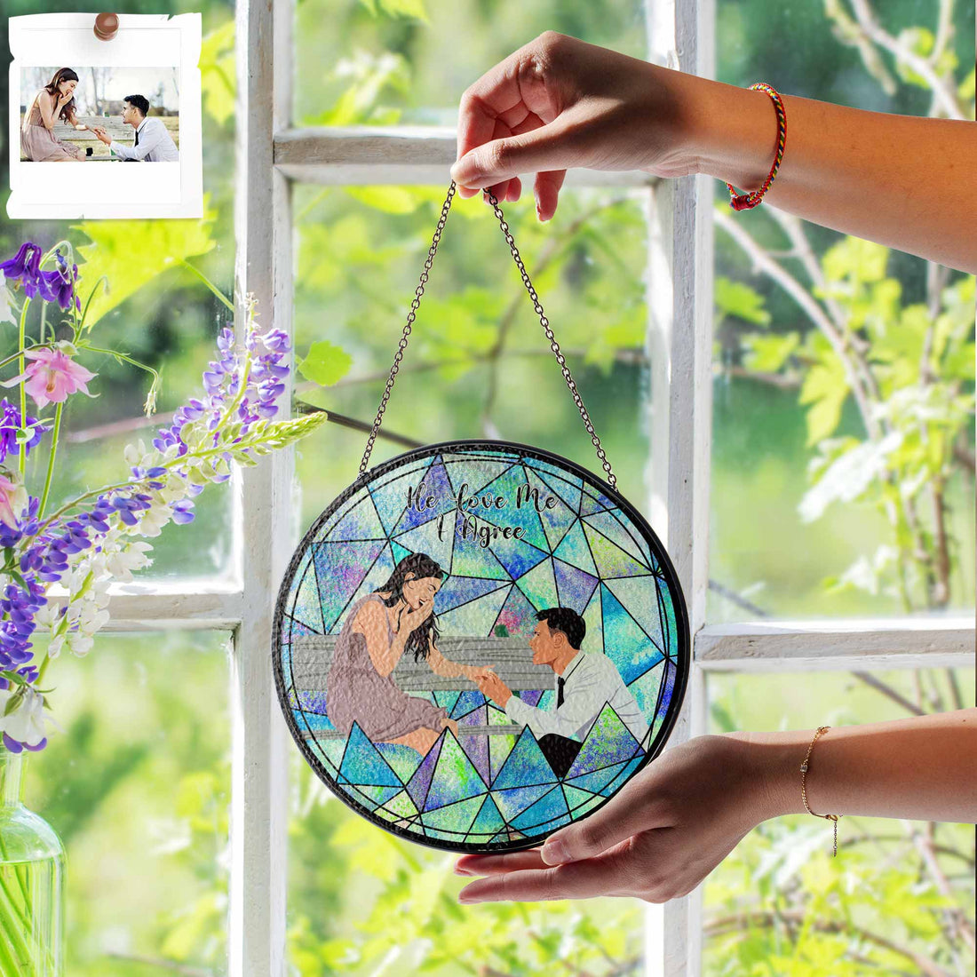 Personalized Romantic Couple Photo To Illustration Art, Turn Art Gift, Glass Suncatcher Hanging Window-BeUnikArt