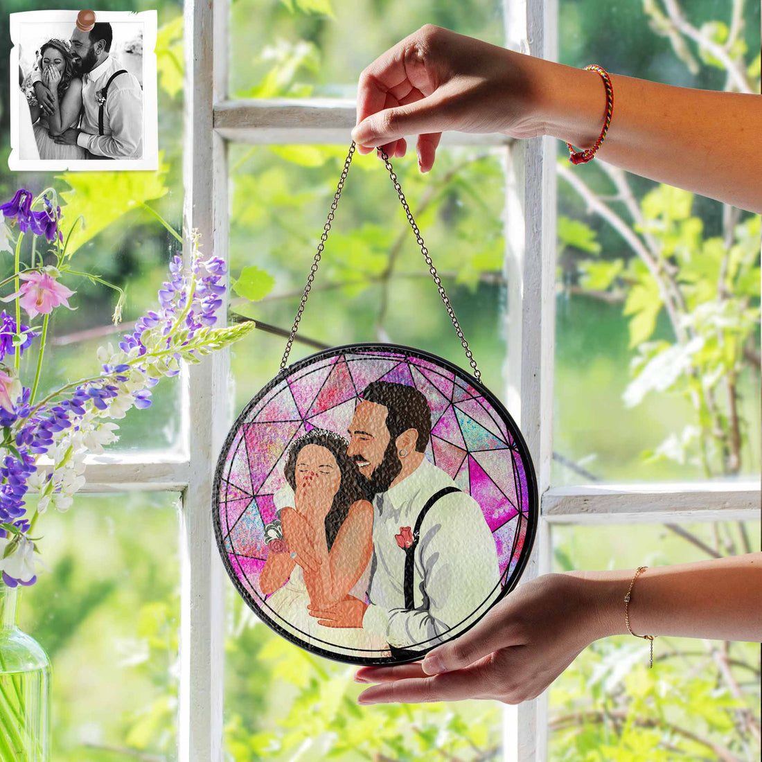 Custom Couple Portrait To Illustration Art, Anniversary Gift Idea, Turn Art Photo With Glass Suncatcher, Window Hanging Keepsake-BeUnikArt