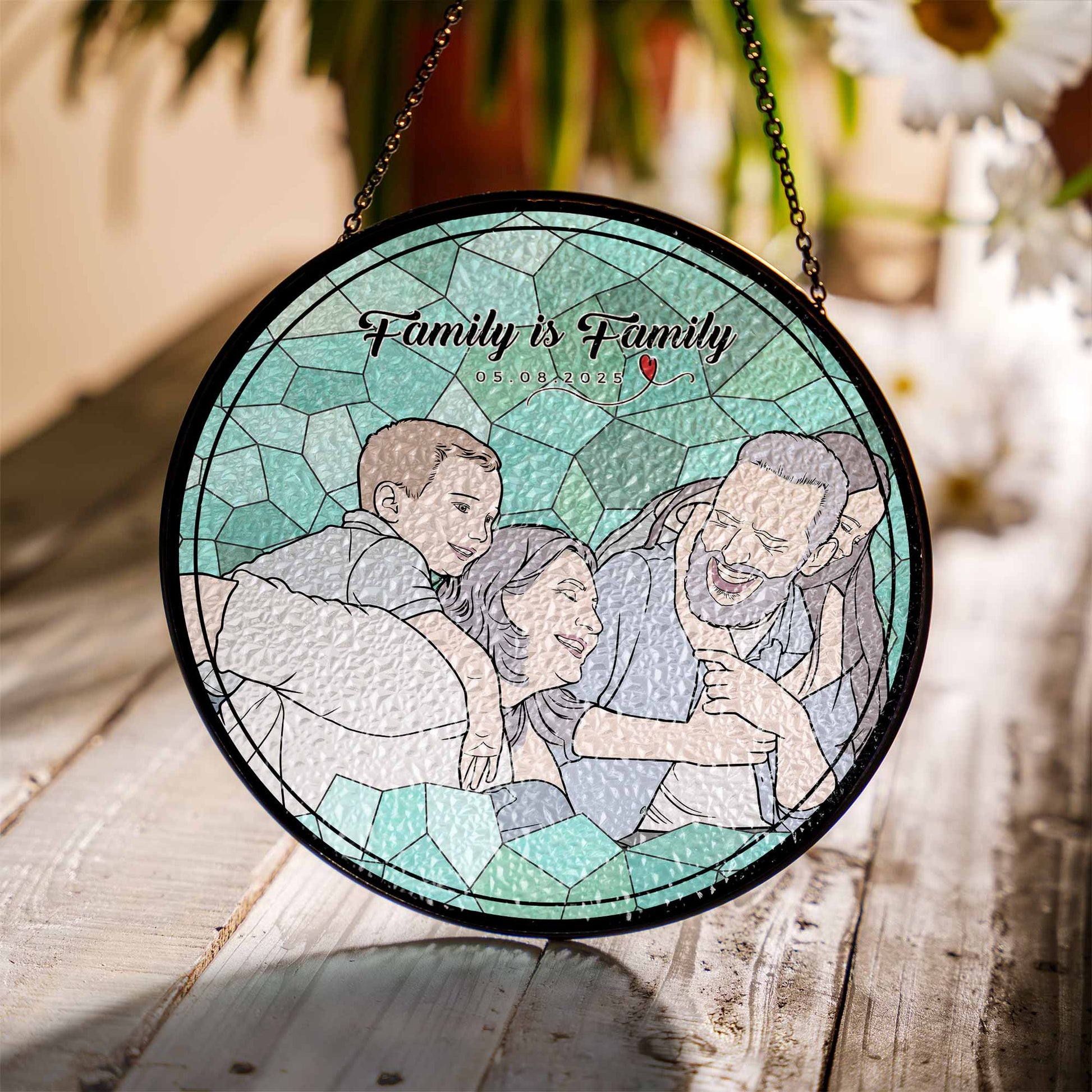 Personalized Family Photo Potrait, Turn Photo to Doodle Style Art, Glass Suncatcher Gift for Mom or Dad, Family Gift-BeUnikArt