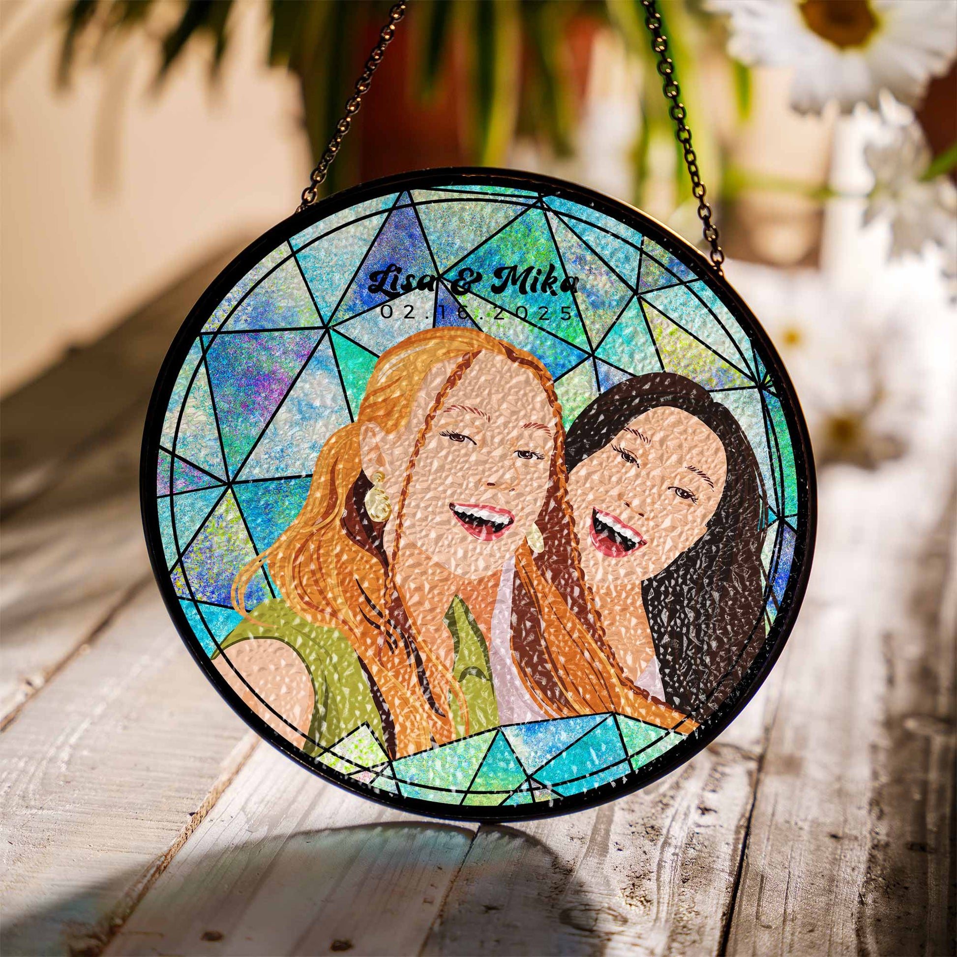 Customize Friends Portrait Photo to Illustration Art, Personalize Turn Art Best Friend Stain Glass Suncatcher, Gift for Friends-BeUnikArt