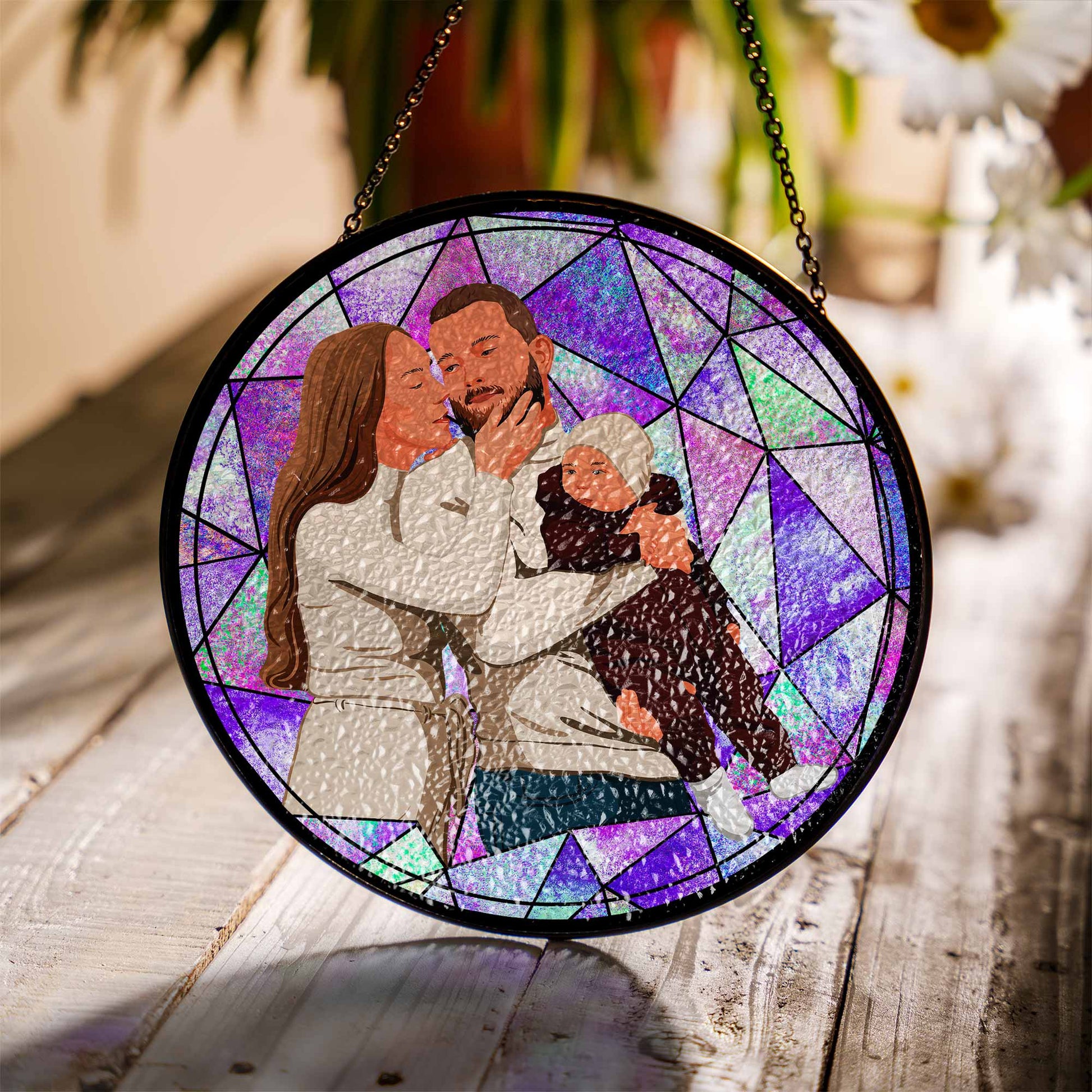 Customize Portrait Photo to Illustration Art, Family Mom Dad Son Daughter Stain Glass Suncatcher, Father's Day Mother's Day Gift-BeUnikArt