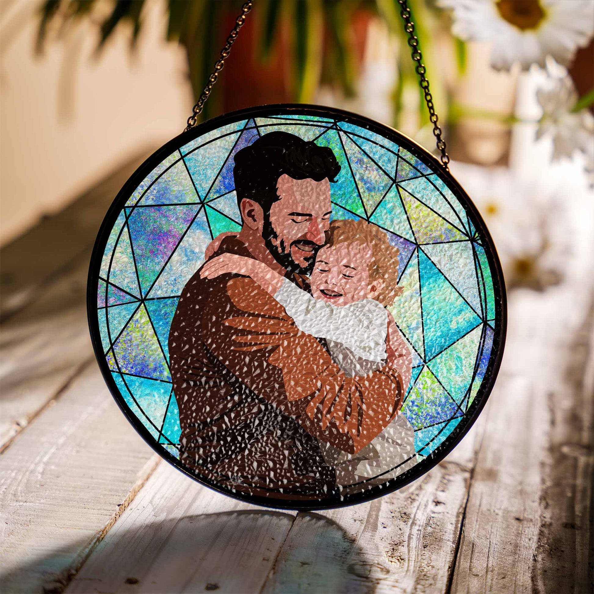 Personalized Turn Photo To Illustration Art, Dad Son Family Potrait Photo Father's Day Stained Glass Suncatcher, Window Hanging Gift for Dad-BeUnikArt