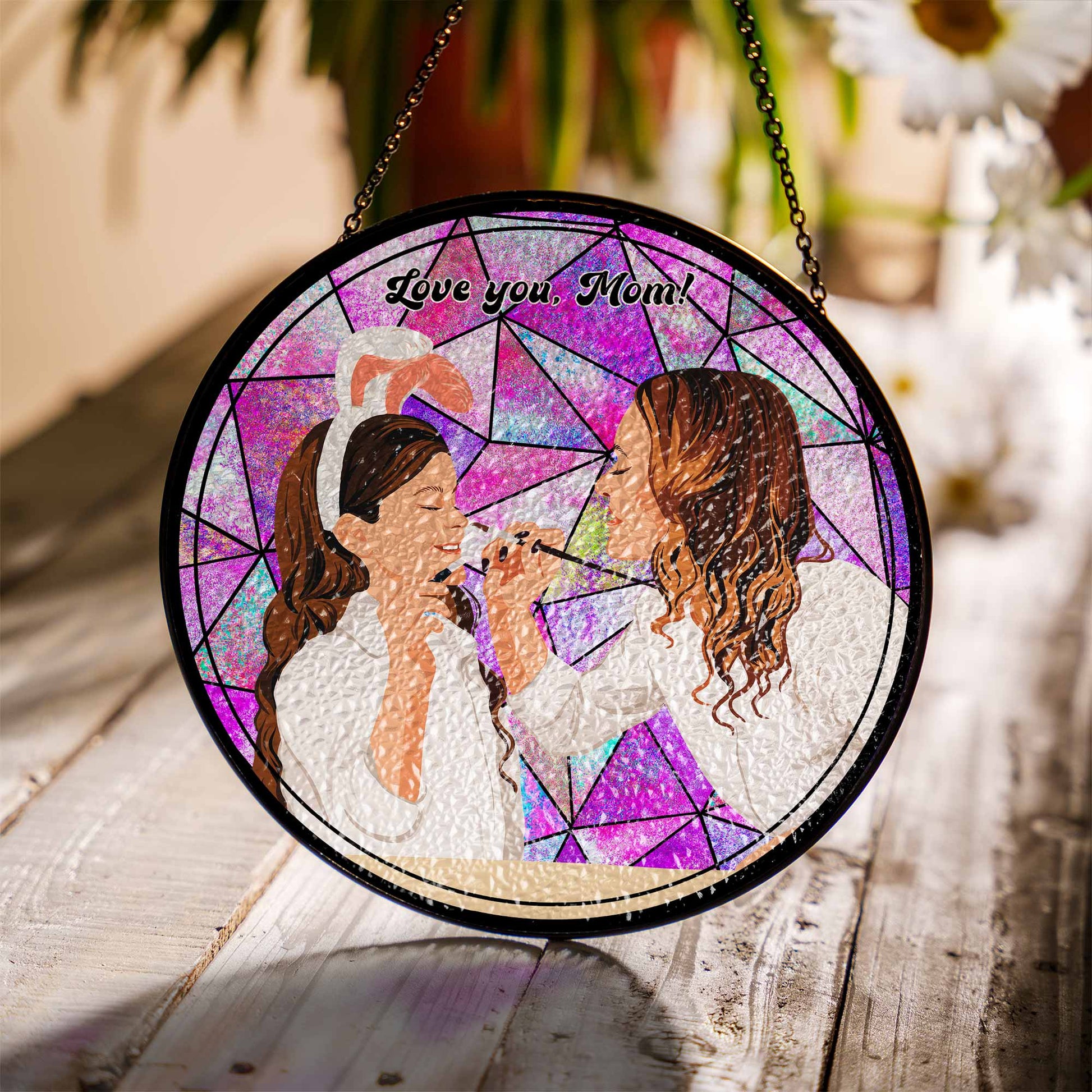 Custom Photo To Illustration Art, Mother Daughter Son Family Potrait Art Mother's Day Stained Glass Suncatcher, Window Hanging Gift for Mom-BeUnikArt