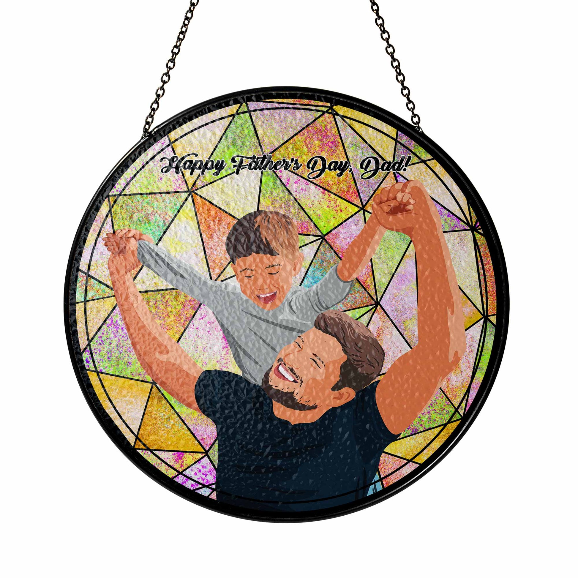 Personalized Turn Photo To Illustration Art, Dad Son Family Potrait Photo Father's Day Stained Glass Suncatcher, Window Hanging Gift for Dad-BeUnikArt