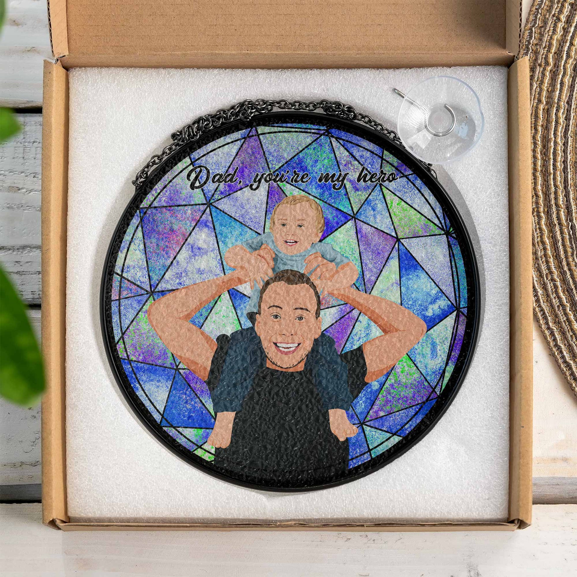 Personalized Turn Photo To Illustration Art, Dad Son Family Potrait Photo Father's Day Stained Glass Suncatcher, Window Hanging Gift for Dad-BeUnikArt