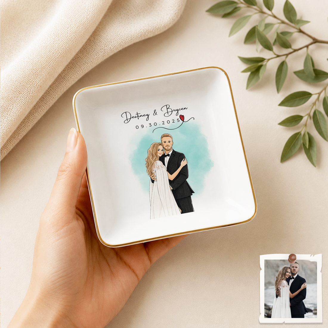 Personalized Wedding Photo Water Color Doodle Trinket Dish with Custom Text, Custom Bride and Groom Keepsake Gift