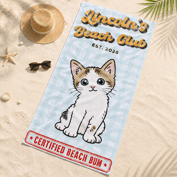 Personalized Pet Funny Doodle Beach Towel with Custom Text, Cute Dog or Cat Photo Summer Gift