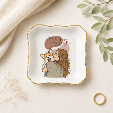 Custom Dog Cat & Owner Photo Funny Doodle Trinket Dish with Personalized Text, Cute Pet Parent Keepsake Gift