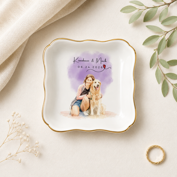 Custom Cat & Owner Photo Water Color Trinket Dish with Personalized Text, Custom Cat Lover Keepsake Gift