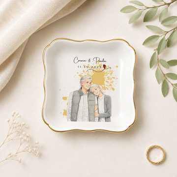 Personalized Couple Photo Anime Illustration Trinket Dish with Custom Text, Custom Romantic Keepsake Gift