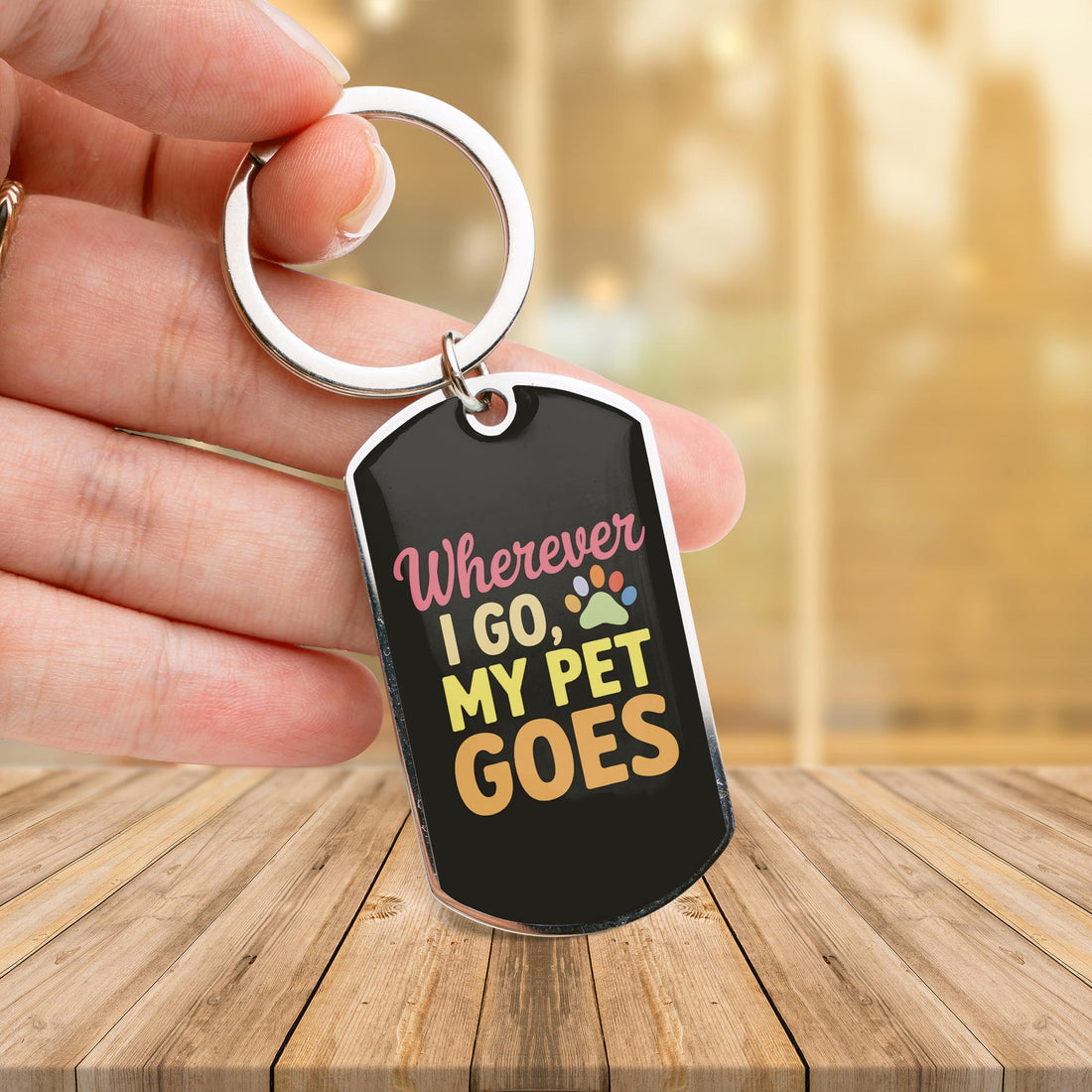 Personalized Pet Photo Line Art Keychain - Custom "Wherever I Go, My Pet Goes" Quote with Engraved Stainless Steel Portrait