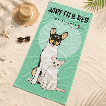 Custom Pet Photo Watercolor Doodle Beach Towel with Personalized Text, Artistic Dog or Cat Summer Keepsake