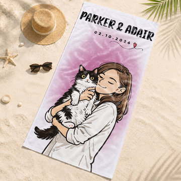 Custom Pet and Owner Portrait Funny Doodle Beach Towel with Personalized Text, Cheerful Summer Keepsake Gift