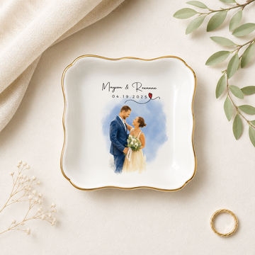 Personalized Wedding Photo Water Color Trinket Dish with Custom Text, Custom Bride and Groom Keepsake Gift
