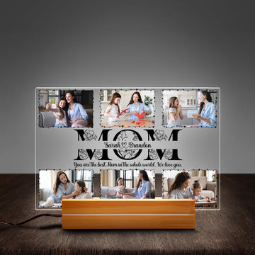 Personalized Mother’s Day "MOM" Acrylic Photo Night Light with Rectangle Wooden Base, Gift for Mom