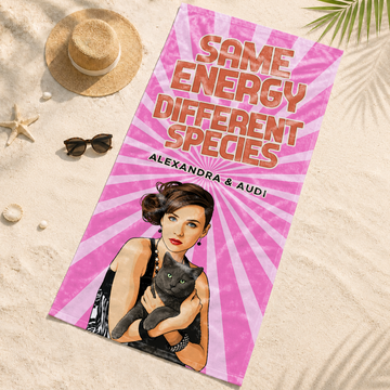 Personalized Pet and Owner Pop Art Beach Towel with Custom Text, Custom Summer Gift for Pet Lovers