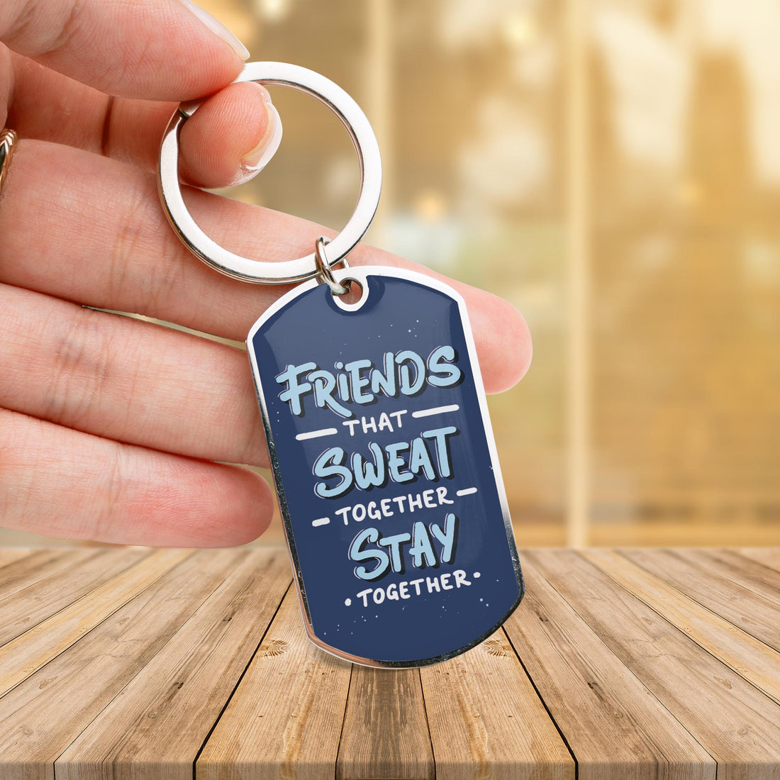 Personalized Friends Photo Line Art Keychain - Custom "Friends That Sweat Together Stay Together" Quote with Engraved Stainless Steel Portrait
