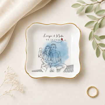 Personalized Couple Photo Detailed Line Art Trinket Dish with Custom Text, Custom Romantic Keepsake Gift