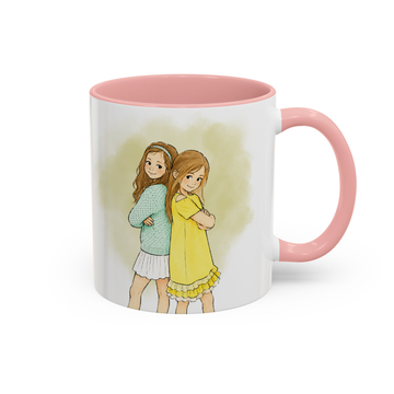 Personalized Siblings Photo to Water Color Doodle Accent Mug with Custom Text  - 11, 15 oz