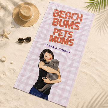 Custom Pet and Owner Portrait Pop Art Beach Towel with Personalized Text, Unique Summer Gift for Pet Lovers