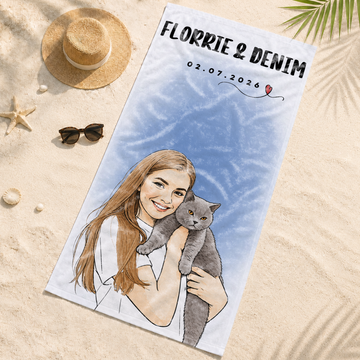 Custom Pet and Owner Watercolor Doodle Beach Towel with Personalized Text, Hand-Painted Summer Keepsake Gift