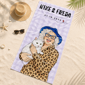 Personalized Pet and Owner Watercolor Doodle Beach Towel with Custom Text, Artistic Summer Gift for Pet Lovers