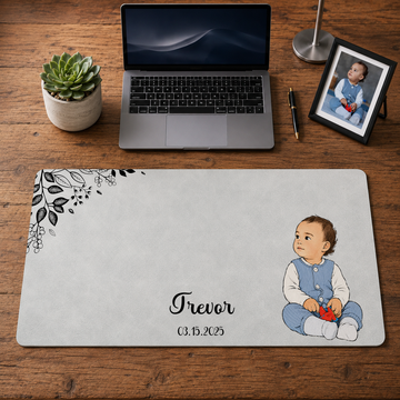 Personalized Baby Portrait Photo to Water Color Doodle Desk Mat with Custom Text