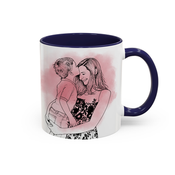 Personalized Mom & Kid Photo to Detailed Line Art Accent Mug with Custom Text - 11, 15 oz