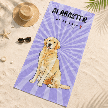Personalized Pet Portrait Watercolor Doodle Beach Towel with Custom Text, Unique Dog or Cat Summer Gift