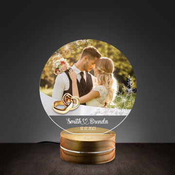 Personalized Couple Photo Acrylic Night Light with Round Wooden Base, Romantic Valentine’s Day Keepsake