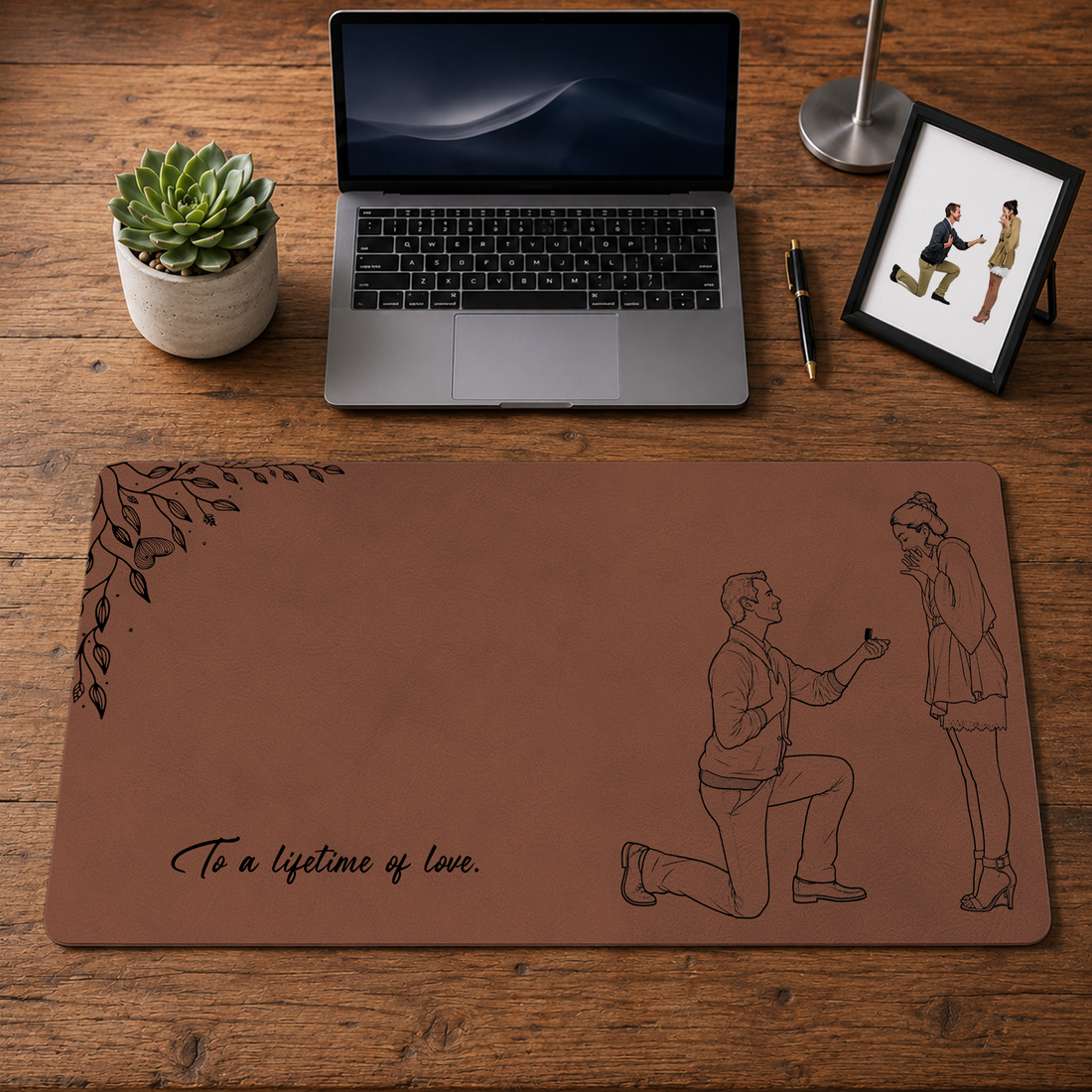 Personalized Photo to Detailed Line Art Engagement Wedding Desk Mat with Custom Text
