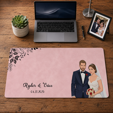 Personalized Engagement Wedding Couple Photo to Illustration Desk Mat with Custom Text
