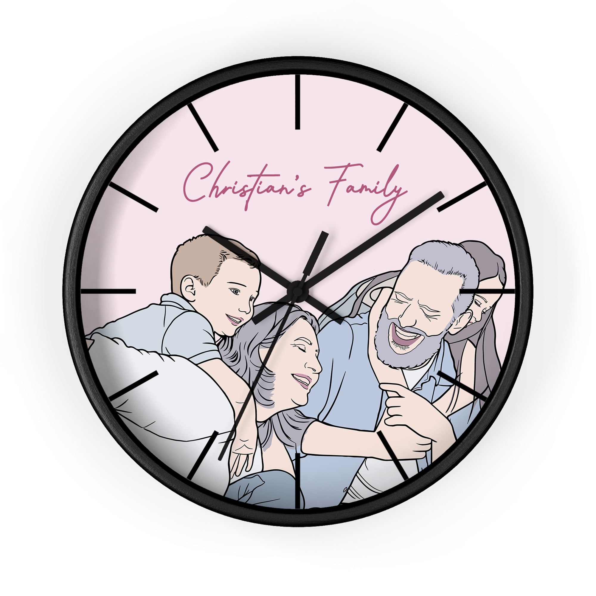 Customized Mom and Baby, Dad and Kids Customized Photo to Portrait Wall Clock Doodle Style Gift for Family