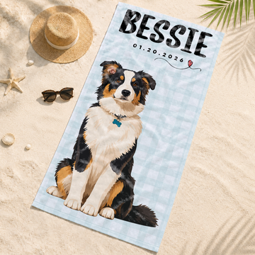 Personalized Pet Portrait Pop Art Beach Towel with Custom Text, Bold Dog or Cat Summer Gift