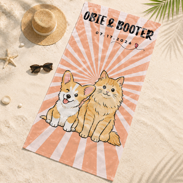 Personalized Pet Portrait Funny Doodle Beach Towel with Custom Text, Cute Summer Gift for Dog and Cat Lovers